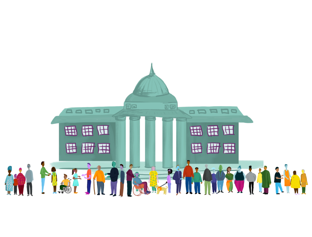 Illustration of building representing an NHRI, with diverse people standing in front