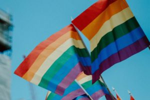 Rainbow LGBT flag at a protest.