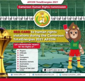 Illustration of a lion in football kit holding a red card. Text reads, 'Red card to human rights violations at TotalEnergies AFCON 2021.'