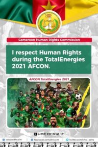 A group of football players. White text on green background reads, 'I respect Human Rights during the TotalEnergies 2021 AFCON'.